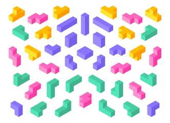 Tetris shapes. Isometric 3D puzzle game elements colorful cube abstract blocks. Vector isometric tetris design objects set