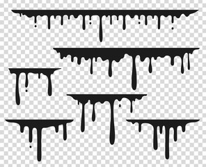 Black dripping stain. Liquid paint splash, chocolate flow border, caramel splatter leak, melt paint drop. Vector black ink dripping set