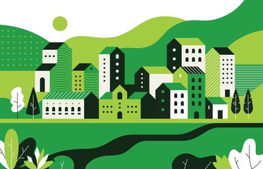 Minimal cityscape. Flat landscape with geometric buildings and nature environment, city street pattern. Vector geometry buildings style