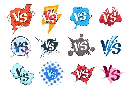 Comic versus logos. VS pop art retro game concept, cartoon fight bubble template, boxing competition. Vector versus challenge set