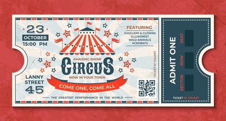 Circus tickets. Vintage carnival event banner, retro luxury coupon with marquee and party announcement. Vector circus luxury greeting card - obrazy, fototapety, plakaty