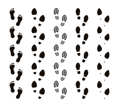Footprint trails. Bare feet human footsteps, funny people foot steps, follow concept, black silhouettes. Vector footprints route set