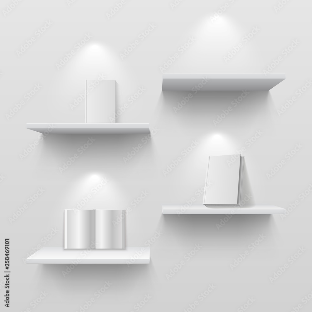 Poster books on shelves. blank white 3d isolated bookshelf on home wall. creative vector empty mockup with 