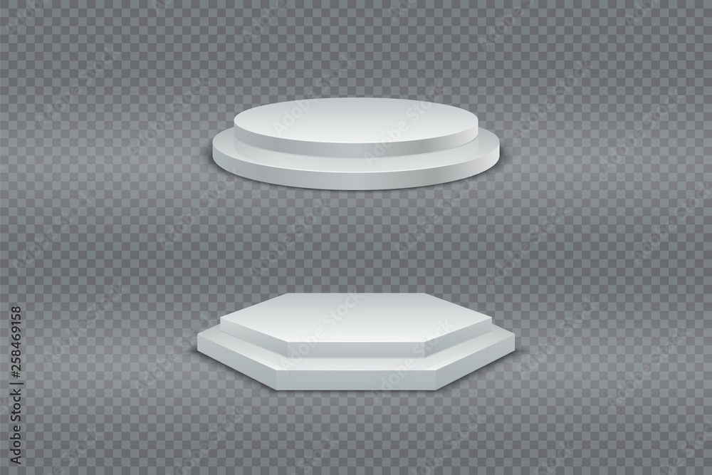 Poster Podium 3D. White round and hexagonal two-stage podium, pedestal or platform on transparent background set