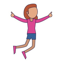 Woman dancing and smiling cartoon blue lines