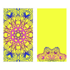 Ethnic Mandala Ornament. Templates With Mandalas. Vector Illustration For Congratulation Or Invitation. The Front And Rear Side. Yellow, rainbow color