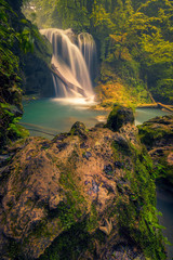 Beautiful waterfall with a wooden log and a moist rock in the foreground