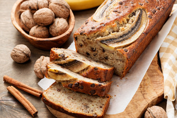 Homemade banana bread with walnut and cinnamon.