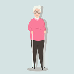 Old woman sports activity. Nordic walking. Elderly people active lifestyle. Vector illustration