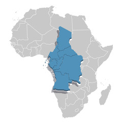 Central Africa in blue on the grey model of Africa map. Vector illustration