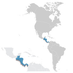Vector illustration map of Central America in blue with zooming replica of countries