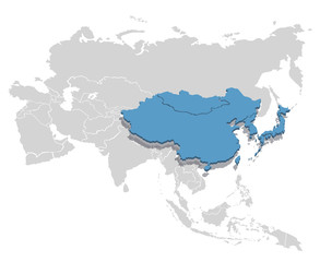 East Asia in blue on the grey model of Asia map. Vector illustration