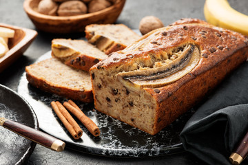 Homemade banana bread with walnut and cinnamon.