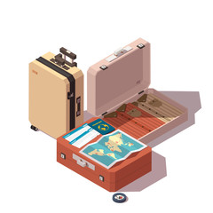Vector isometric travel or tourism icon. Illustration with passport, tickets, passenger luggage, map and compass
