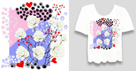 Stylish, designer print on a t-shirt. Abstract, floral arrangement with graphic elements and grunge. Creative, original, watercolor illustration. Fashionable youth clothing. Print, cover.