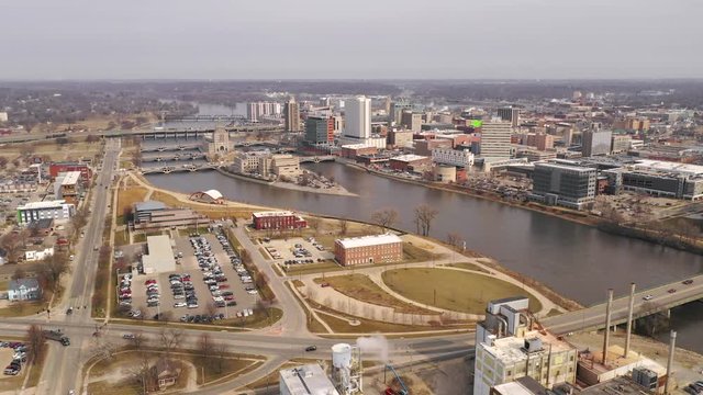 Aerial View Cedar Rapids Iowa Riverfront Downtown City Skyline