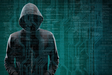 Anonymous computer hacker over abstract digital background. Obscured dark face in mask and hood. Data thief, internet attack, darknet fraud, dangerous viruses and cyber security.