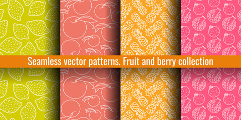 Lemon, peach, pineapple, pomegranate. Seamless pattern set. Juicy fruit and berry collection. Hand drawn color vector sketch background. Colorful doodle wallpaper. Summer print
