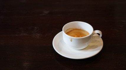 Espresso coffee  in white ceramic cup on wooden table.