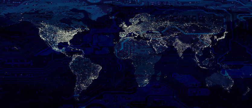 World map city lights and dark motherboard hi technology conceptual collage. Elements of this image furnished by NASA.