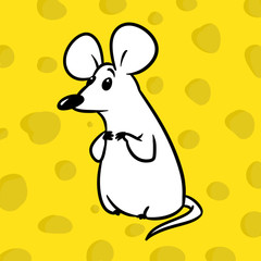 White little mouse animal character yellow cheese background cartoon illustration  