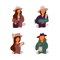 Vector Flight set of girls who go on a trip.