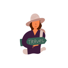 Vector flat banner travel time girl in brown hat