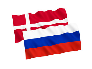 National fabric flags of Russia and Denmark isolated on white background. 3d rendering illustration. 1 to 2 proportion.