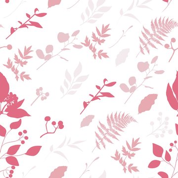 Seamless pattern with image of a many kind herbs silhouette on a white background. Pink gradient.