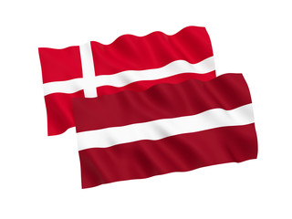 National fabric flags of Denmark and Latvia isolated on white background. 3d rendering illustration. 1 to 2 proportion.