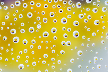 ガラスに付いた水滴 背景紫と黄色の花