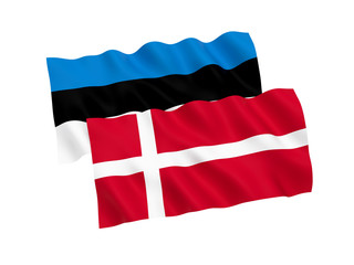 National fabric flags of Estonia and Denmark isolated on white background. 3d rendering illustration. 1 to 2 proportion.