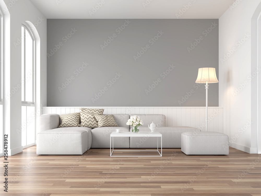 Wall mural minimal style vintage living room 3d render,there are wood floor and gray wall,furnished with white 