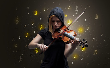 Young violinist with falling musical notes wallpaper and classical concept