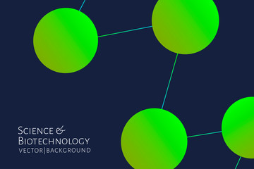 Modern background with chemical bonds, molecules pattern. Medicine, science, biotechnology, pharmacology innovation concept. Place for text. Dark backdrop. Vector EPS 10 illustration.