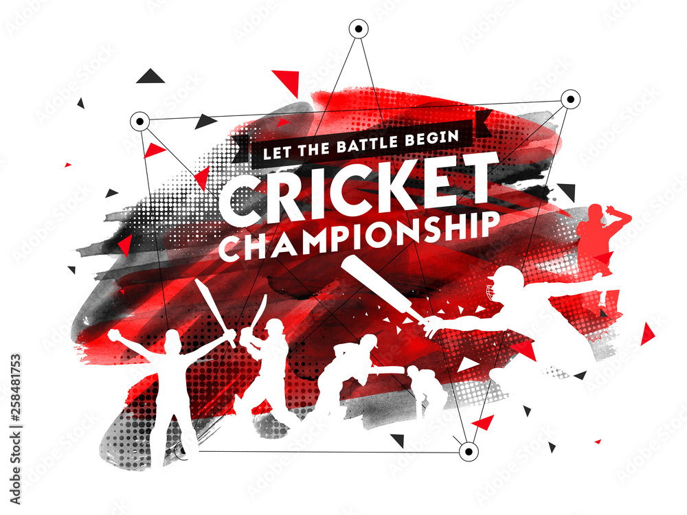 Sticker Creative poster or flyer design with cricket player in different playing action on abstract red background for Cricket Tournament.