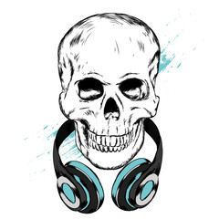 Skull in headphones and glasses. Vector illustration for greeting card or poster, print on clothes.