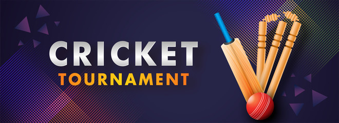 Website Header banner or poster design of Cricket Tournament with abstract cricket equipment on dark purple background.