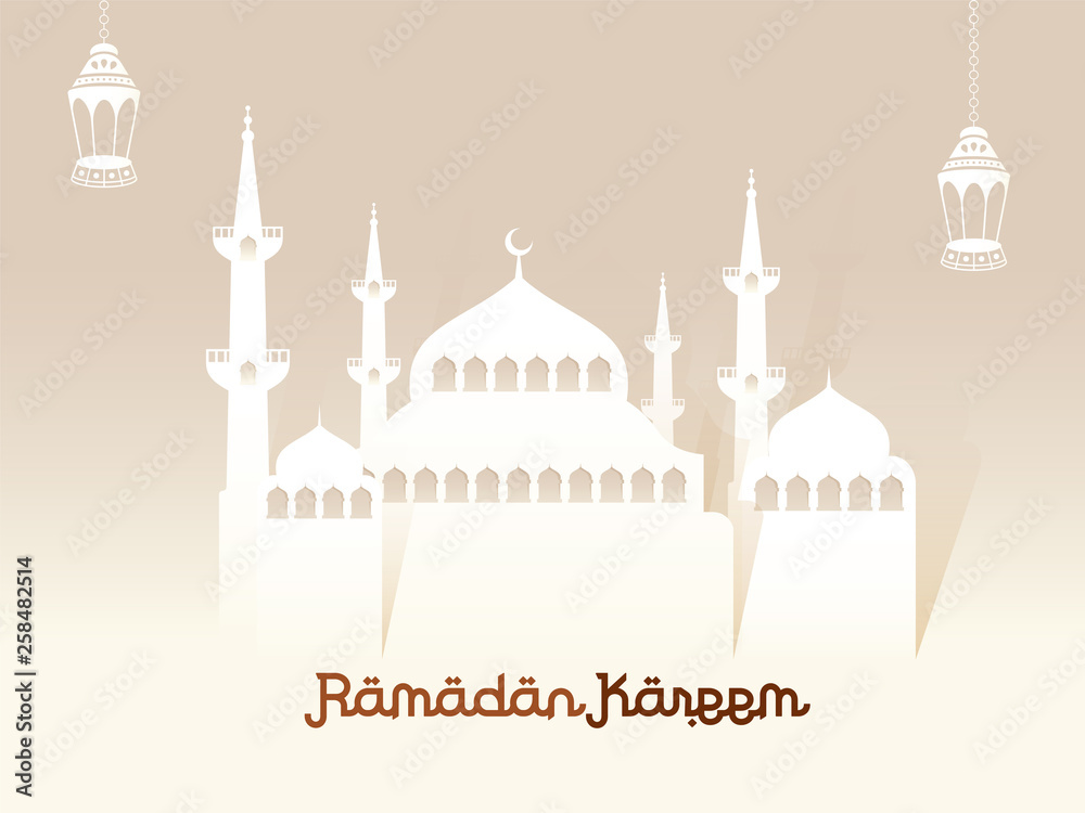 Canvas Prints Creative illustration of Mosque and hanging lantern with stylish text of Ramadan Kareem banner or poster design.