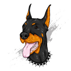 Black dog. Funny puppy. Vector illustration for greeting card or poster, print on clothes. Doberman.