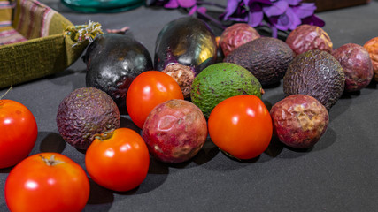 traditional thai food fruit and vegetables on isolated grey background