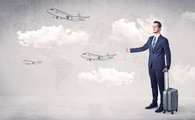 Businessman hitchhiking with flying airplanes cloud and map concept
