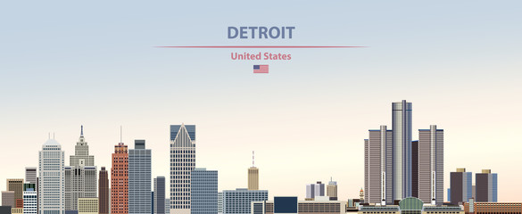 Fototapeta premium Vector illustration of Detroit city skyline on colorful gradient beautiful day sky background with flag of United States