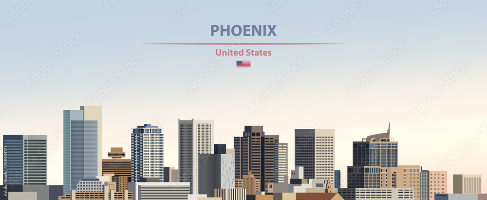 Wall mural Phoenix city skyline vector illustration on colorful gradient beautiful day sky background with flag of United States