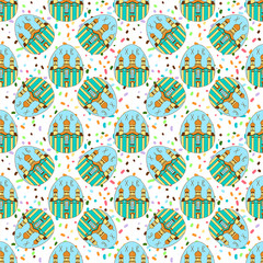 Naklejka premium Seamless pattern with Easter colored eggs. The temple, the Church. happy Easter. Festive background. Design for banner, poster or print.