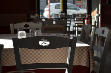 tables and chairs in a restaurant