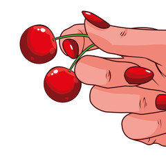 hand with cherry pop art style icon