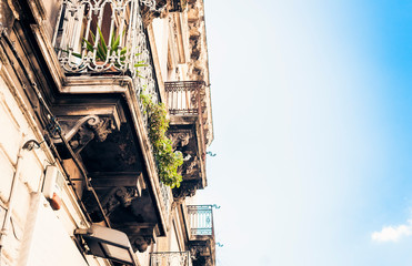Fototapeta premium Balcony with flowerpots and house plants in a historic building in Catania, traditional architecture of Sicily, Italy.