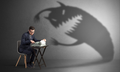 Little hard worker afraid of scary monster shadow
