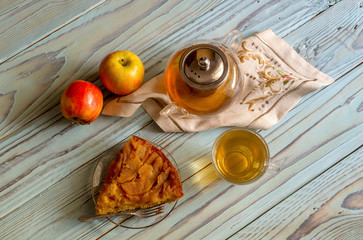 Apple pie and tea close-up